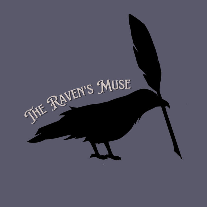 Logo of the silhouette of a raven holding a quill. Above, the words "The Raven's Muse."